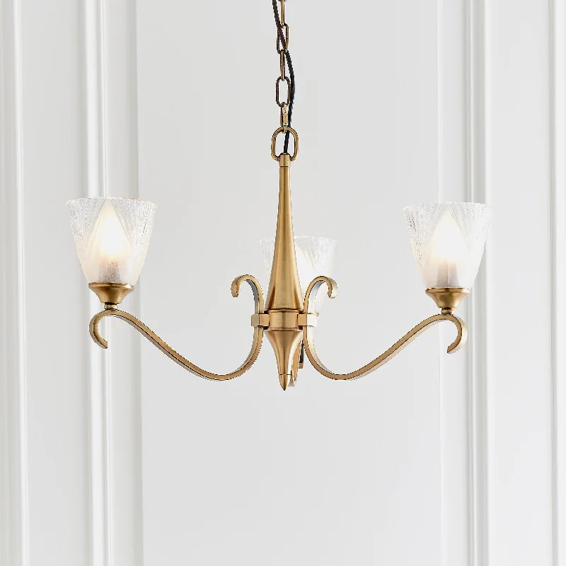 Victorian - Inspired Chandeliers with Intricate MetalworkVictorian - Inspired Chandeliers with Intricate MetalworkColumbia 3 Antique Brass Chandelier - Feather Glass Shades