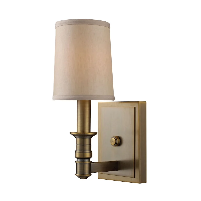 Art - Deco Wall Lamps with Geometric Patterns for a Retro AppealArt - Deco Wall Lamps with Geometric Patterns for a Retro AppealBaxter 1-Light Wall Lamp in Brushed Antique Brass with Beige Fabric Shade ELK Lighting